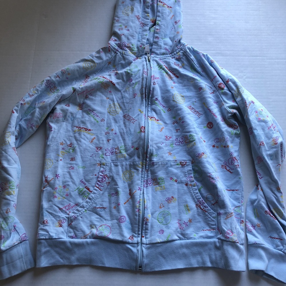 Universal Studios Blue Logo Scribble Peace Love Zip Front Hoodie Sz L A372